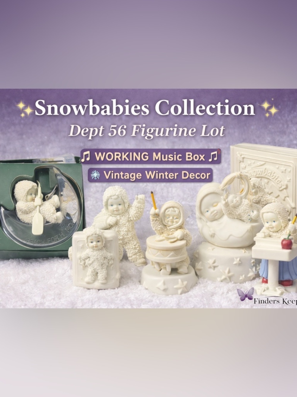 Snowbabies Dept 56 Lot Figurines + Working Music Box Vintage Christmas Decor Lot